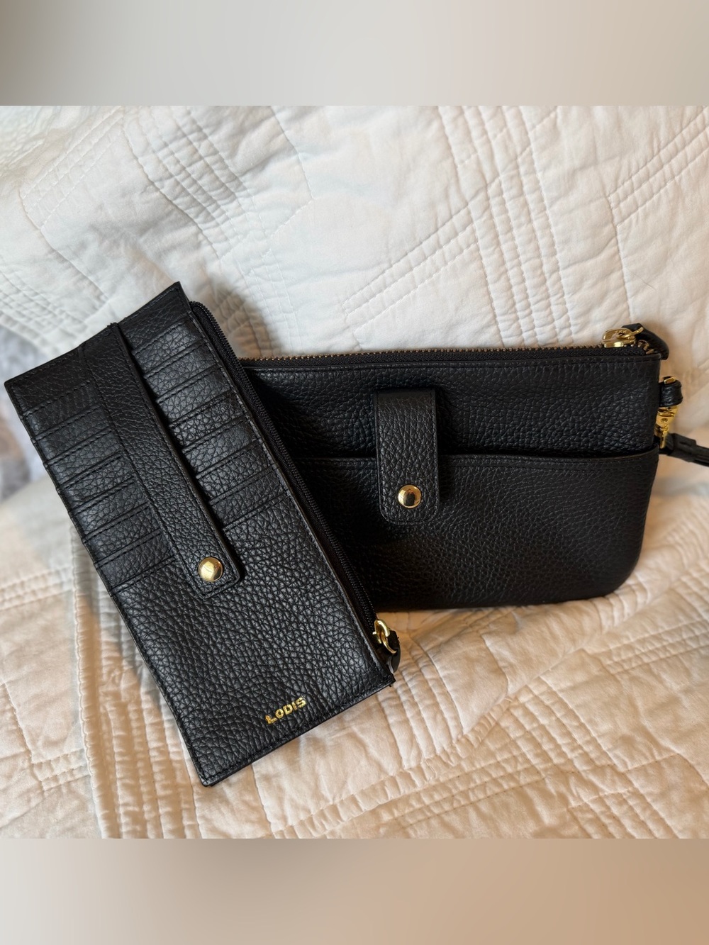 LODIS NWOT Black Pebbled Leather Wristlet and Wallet Set 8x5
